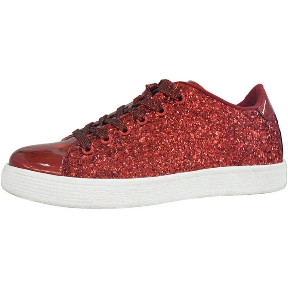 Women's Red PU Glitter Lace up Sparkly Comfortable Fashion Round Toe Sneakers